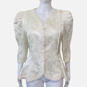 Vintage 1980s Cachet Victorian Style White Jacquard Lace Floral Top